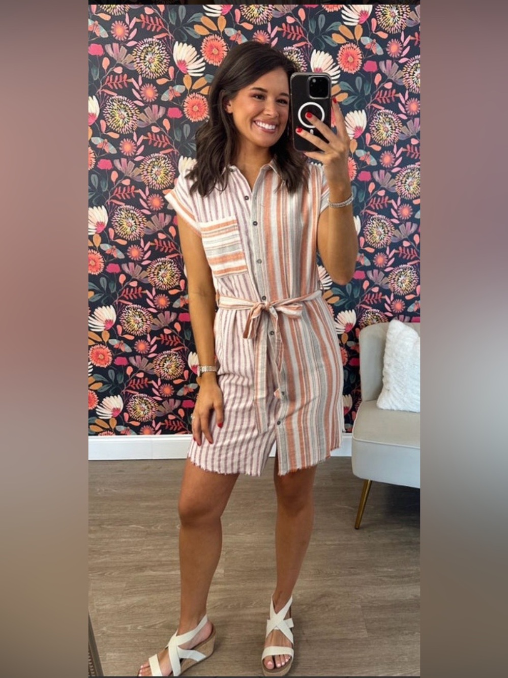 Striped shift dress Tie-Waist Shirt Dress in Rust & Cream